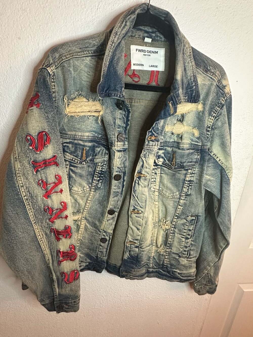 FWRD DENIM New York Saints X Sinners Distressed Denim Jacket